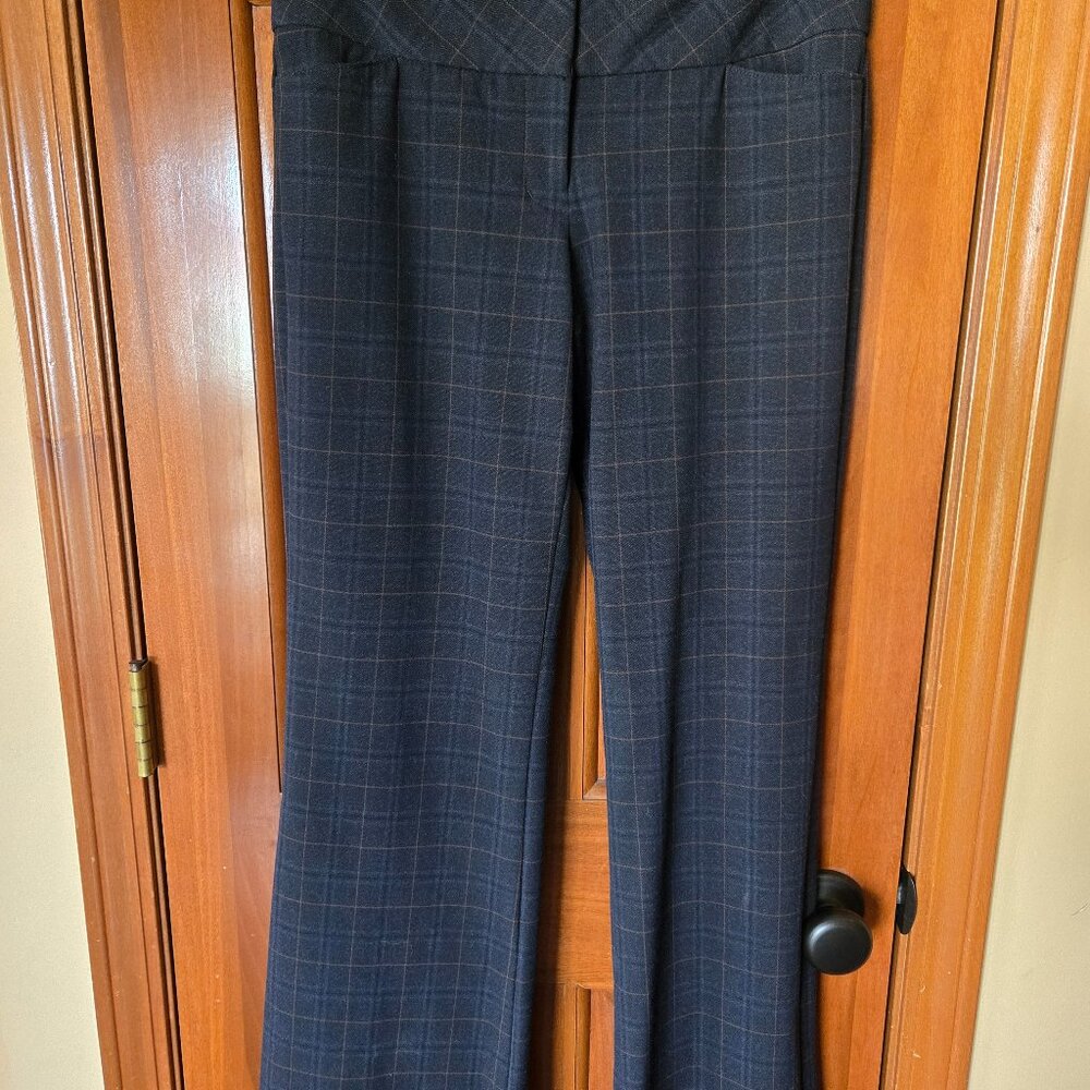 Express Women's Editor Plaid Dark Blue, Flare Pant, Size 2R